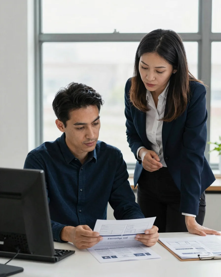 Candid editorial photograph of a small-business owner and an agen